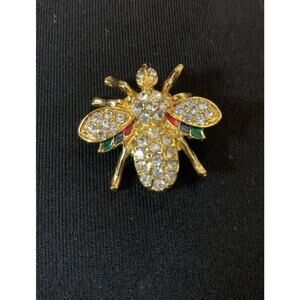 Vintage Gold Tone Bee Insect Crystal Rhinestone Brooch Pin Bug Glass